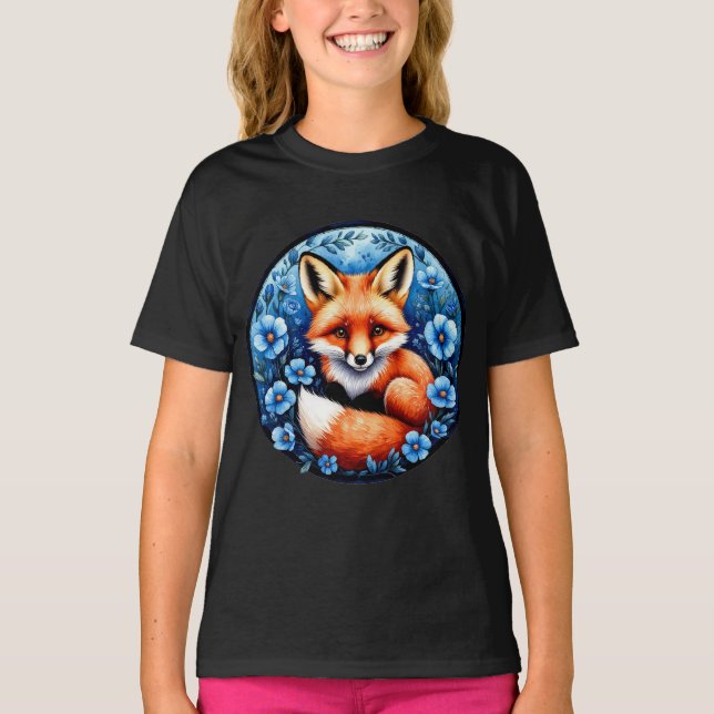 T-shirt Renard Entouré de Fleurs Bleues (Devant)