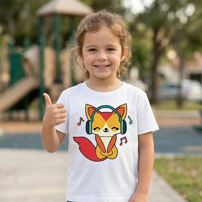 T-Shirt Renard heureux avec écouteurs en train d'écouter d (Happy fox with headphones listening to music. Girl Basic White T-Shirt)