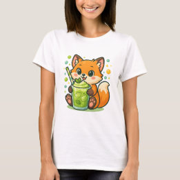 T-shirt Renard Kawaii avec Latte Matcha - Thé Vert mignon