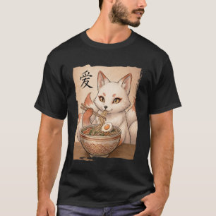 T-shirt Renard Kitsune Drôle Mangeant Ramen Japonais Kawai
