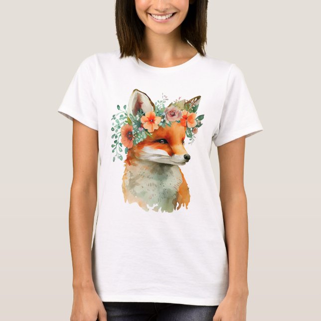 T-shirt Renard Mignon avec Fleurs – Nature Adorabl (Devant)