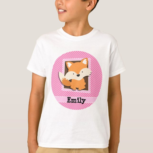 T-shirt Renard mignon sur bandes rose et blanche (Devant)