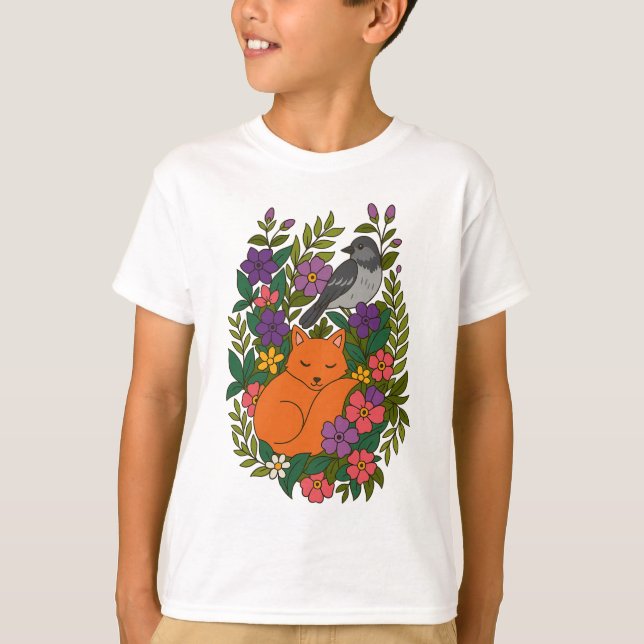 T-shirt Renard, pigeon et fleurs (Devant)