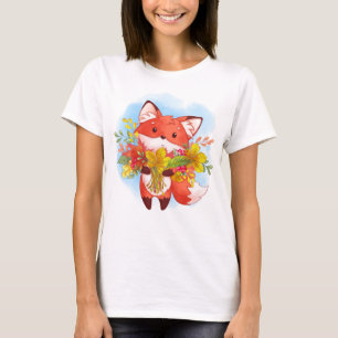 T-shirt Renard rouge mignon personnalisé avec feuilles d'a
