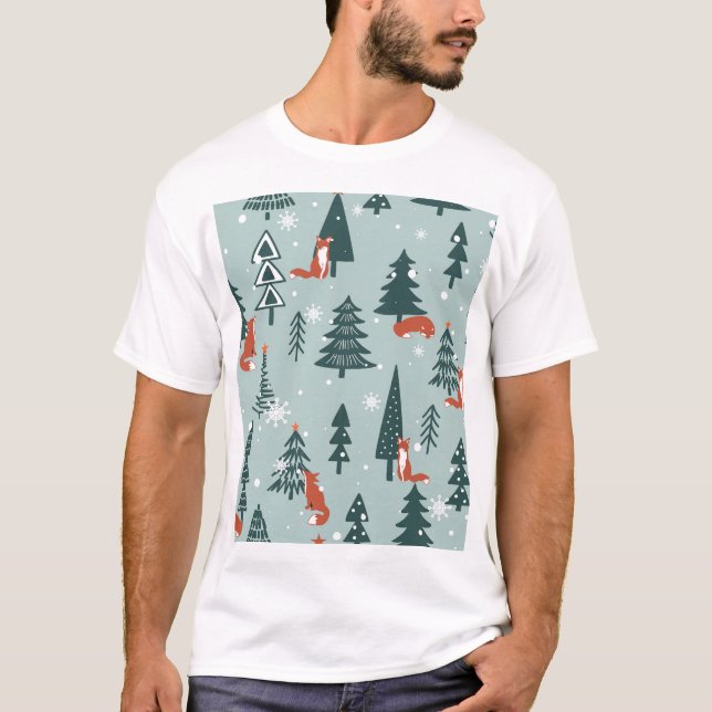 T-shirt Renards, sapins, hiver, motif coloré (Devant)