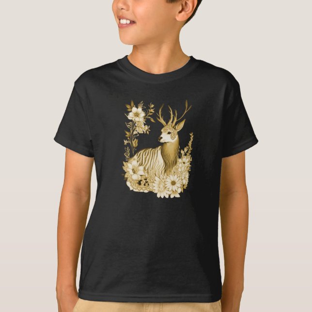 T-shirt Renne de Fête Floral Doré (Devant)