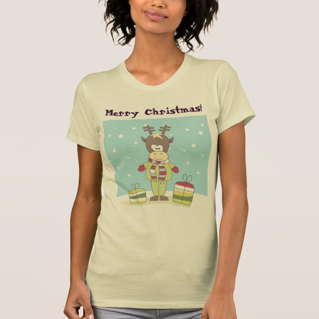 T-shirt Renne de Noël dans la neige avec des cadeaux (Devant)
