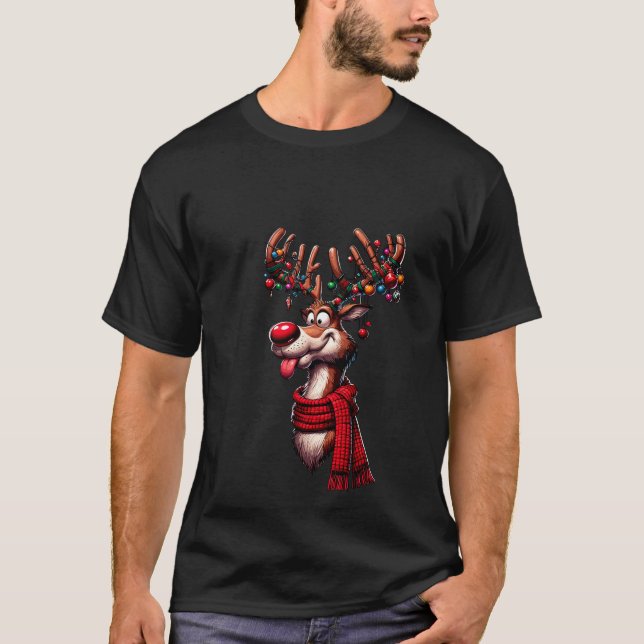 T-shirt Renne drôle au nez rouge avec écharpe Pull Noël (Devant)