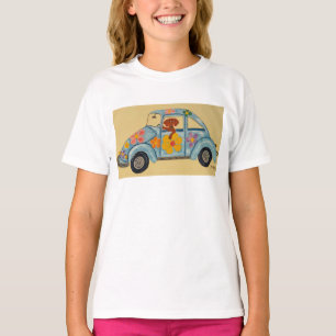 T-shirt représentant un teckel dans une voiture hi