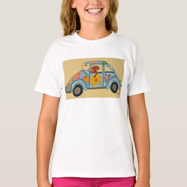 T-shirt représentant un teckel dans une voiture hi (Devant)