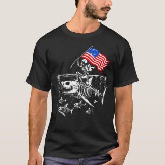 T-shirt Requin chevauché par un squelette Drapeau américai