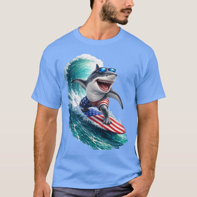 T-shirt Requin Cool Surfant Drapeau USA Vague (Devant)