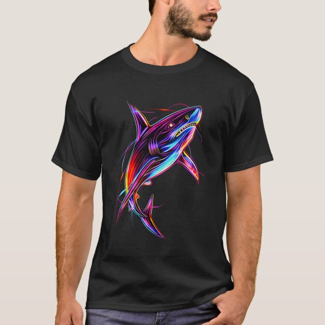 T-shirt Requin Néon Vibrant Océan Digital Moderne (Devant)