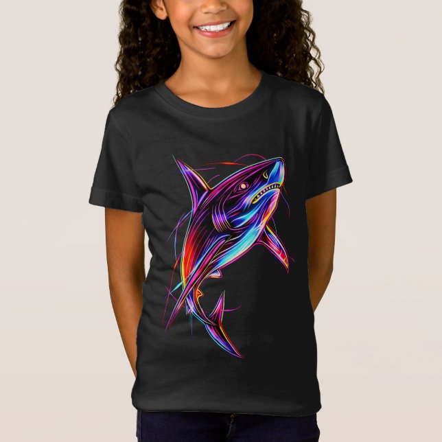T-Shirt Requin Néon Vibrant Océan Numérique Moderne (Devant)