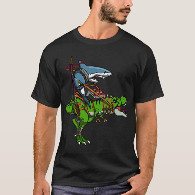 T-shirt Requin Ninja montant un dinosaure T-Rex (Devant)