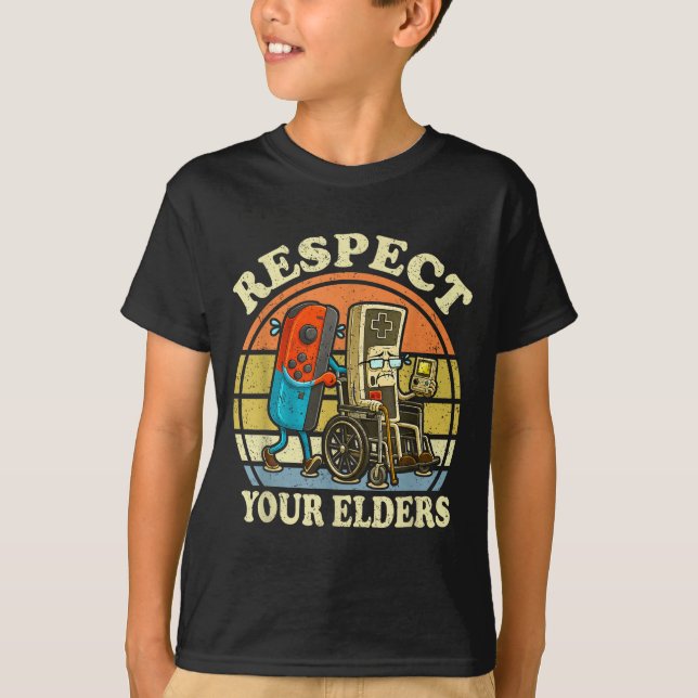 T-shirt Respect Your Elders Retro Gaming Funny Controller  (Devant)