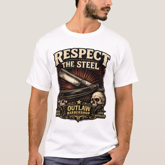 T-shirt Respectez l'Acier – Conception de Rasoir Droit (Devant)