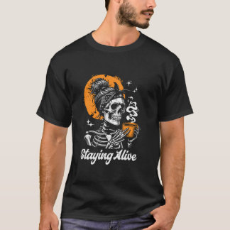 T-shirt Rester Vivant Crâne Messy Bun Boire Café Hallowe