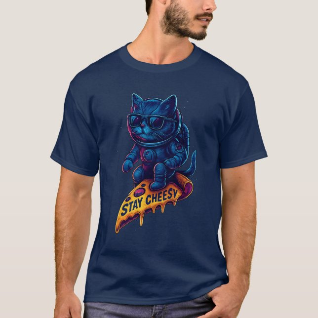 T-shirt Restez Cheesy Space Cat Drôle Astronaut Pizza (Devant)