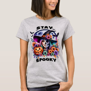 T-shirt Restez Éffrayant Halloween Witch & Skeleton T-Shir
