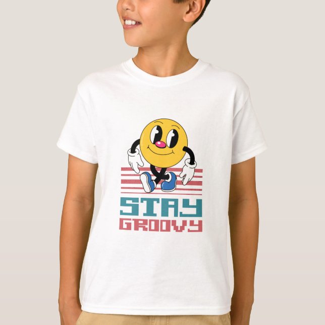 T-shirt restez groovy rétro smiley face tshirt. (Devant)
