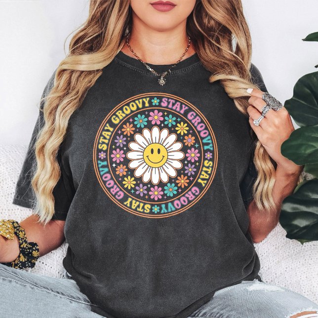 T-shirt Restez Groovy Smiley Daisy Fleur Rétro (Créateur téléchargé)