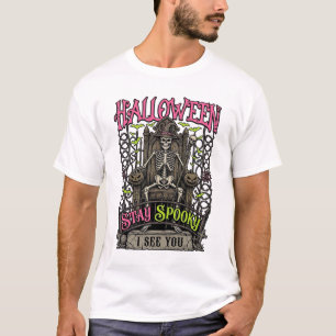 T-shirt Restez Halloween Épouvantable Squelette Trône Chap