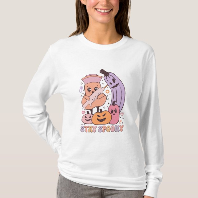 T-shirt Restez Infirmière Éffrayante Halloween Long Manche (Devant)