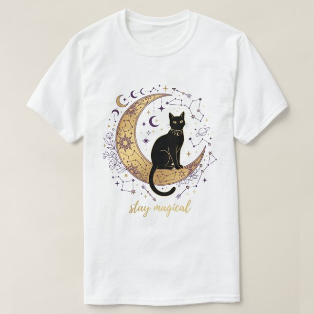 T-shirt Restez Magique Chat Noir Lune Céleste Sorcière (Design devant)