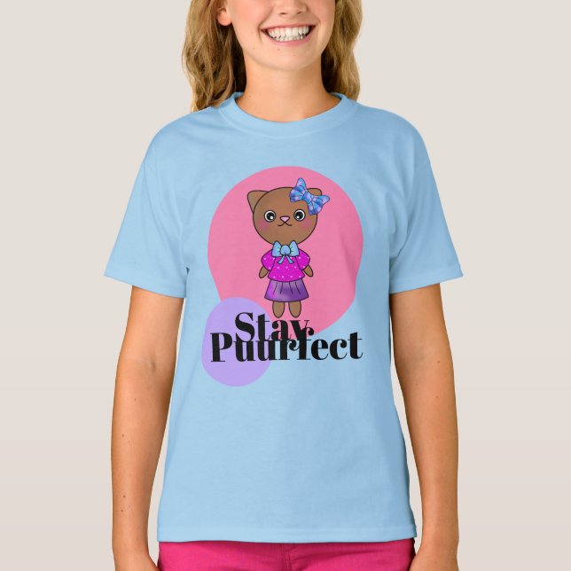 T-shirt Restez parfait Cute Kitty Chat avec Joli Bow (Devant)