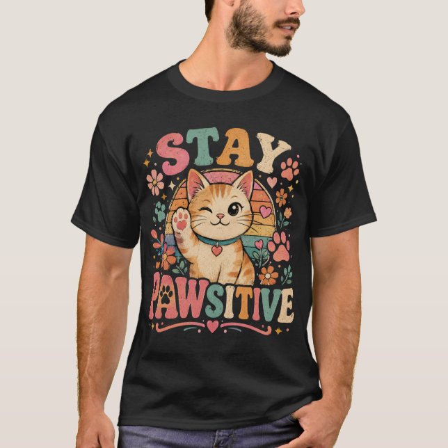 T-shirt Restez Pawsitive Chat Rétro Vibes Positives (Devant)