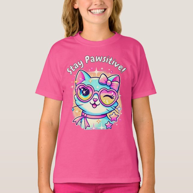 T-shirt 🐱 ✨ Restez Pawsitive - Le Cutest Cat Tee for Girl (Devant)