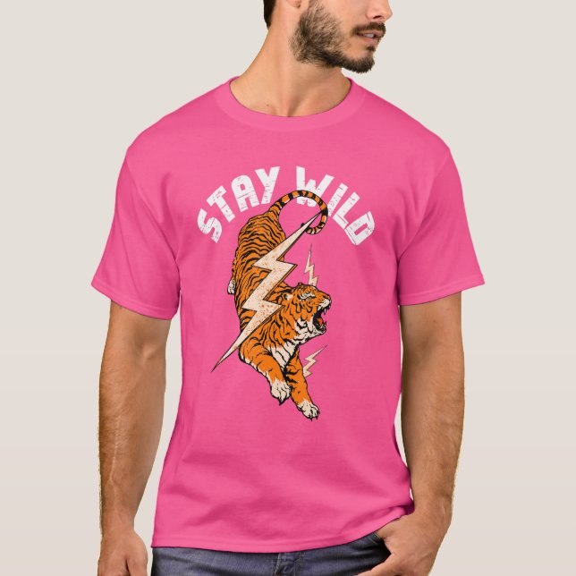 T-shirt Restez Wild Tiger Cool Tiger et éclair Rétro (Devant)