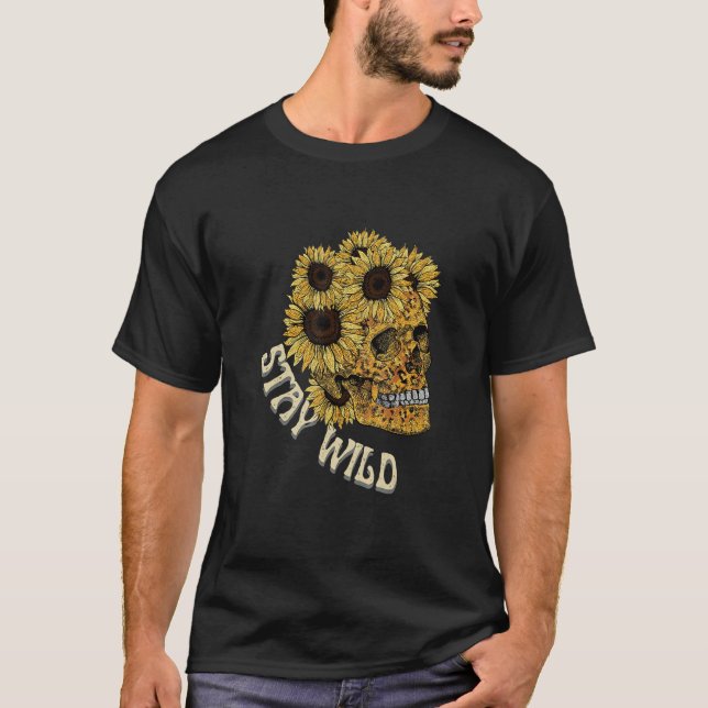 T-shirt Restez Wild Tournesol Crâne Leopard Western Retro  (Devant)