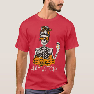 T-shirt Restez Witchy Skeleton Boire Messy Bun Leopard Ha