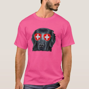 T-shirt Retriever à poil plat Chien Drapeau Suisse Lunette