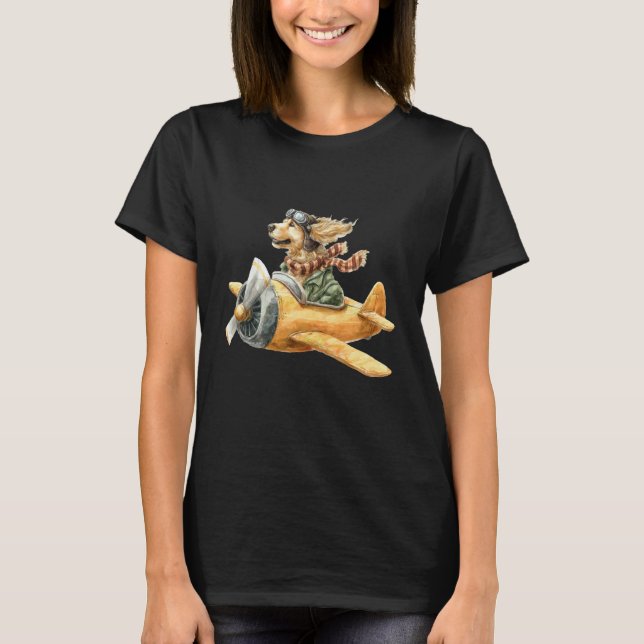 T-shirt Retriever doré drôle pilotant un avion jaune (Devant)