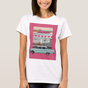 T-shirt Retro 1950 Diner Wall Art   Panneau rose néon et T