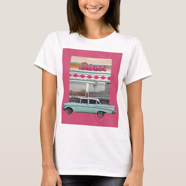 T-shirt Retro 1950 Diner Wall Art | Panneau rose néon et T (Devant)