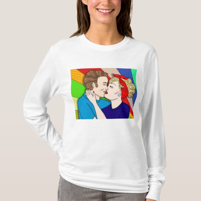 T-shirt Retro 1950 Pop Art Style Couple Kissing (Devant)