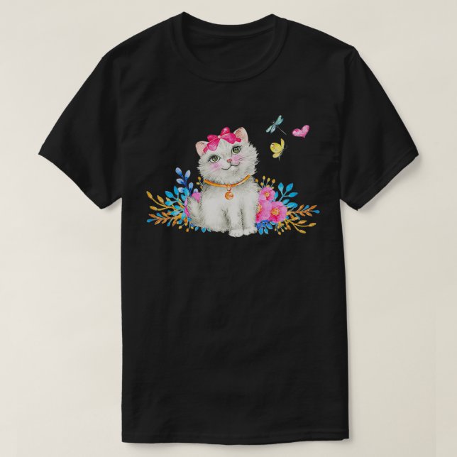 T-shirt Retro 1990s Tacky Cat   Kitten and Butterflies  (Design devant)