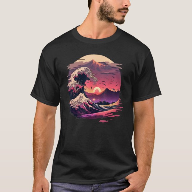 T-shirt Retro 70s 80s Retrowave Great Wave Off Kanagawa Ja (Devant)