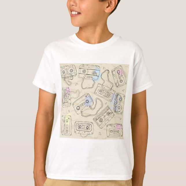 T-shirt Retro 80s 90s Nostalgic Cassette Mix Tape Pattern (Devant)