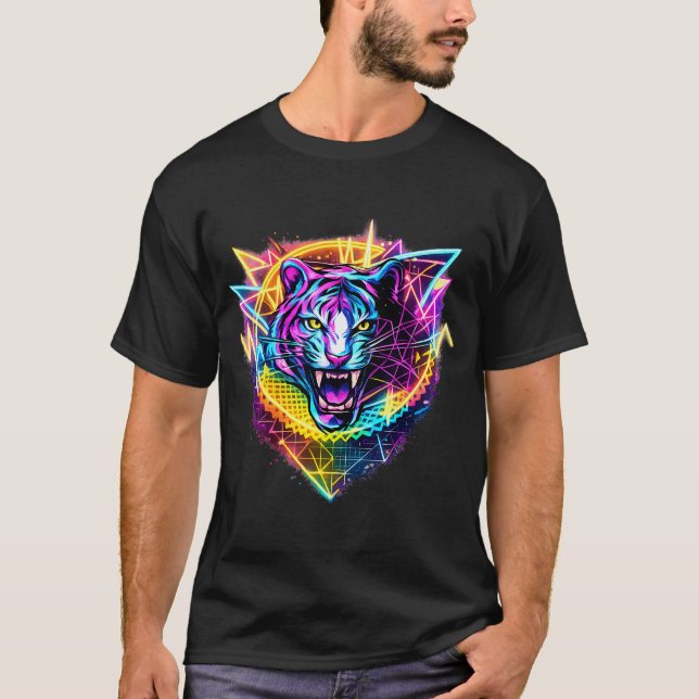T-shirt Rétro 80S 90S Tigre Avec Synthwave Géométrique (Devant)