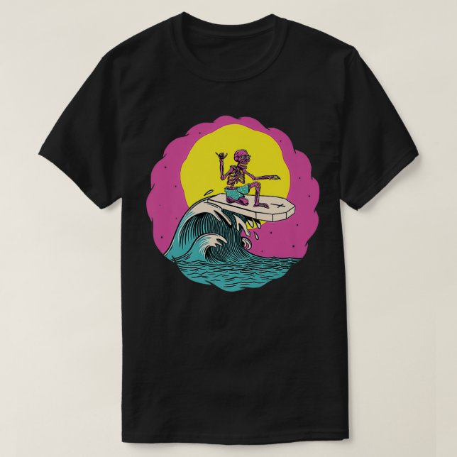 T-shirt Retro 80s Surfing Skeleton 90s Funny Cool Retrowav (Design devant)