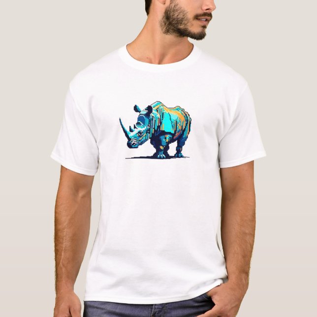 T-shirt Retro 8-Bit Pixel Art Rhinoceros Cyan Orange Gamer (Devant)