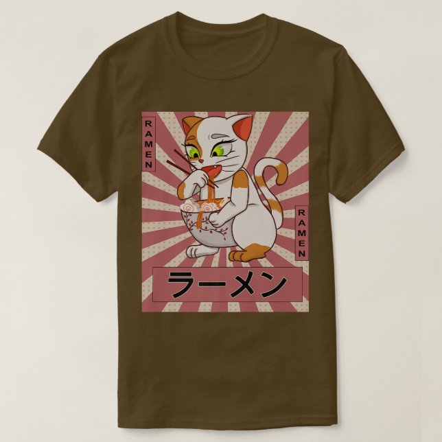 T-shirt Retro 90s Japonais Kawaii Anime Chat Manger Ramen  (Design devant)