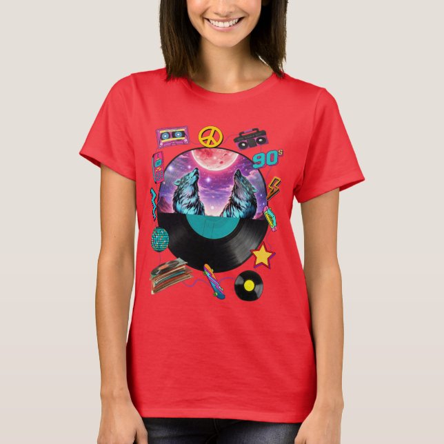 T-shirt Retro 90s Midnight Wolf & Boombox Circular Collage (Devant)