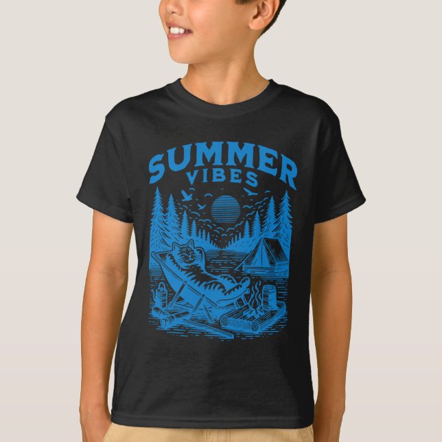 T-shirt Retro 90s Summer Vibes Cat Camping Funny Cat Meme (Devant)
