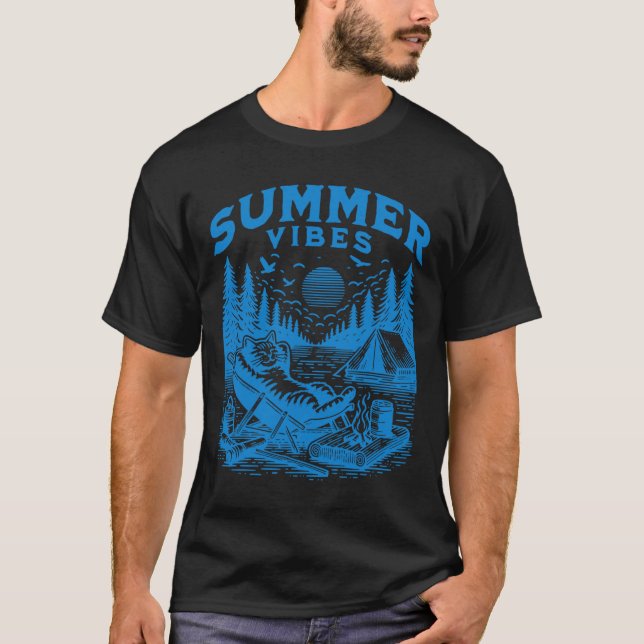 T-shirt Retro 90s Summer Vibes Cat Camping Funny Cat Meme (Devant)